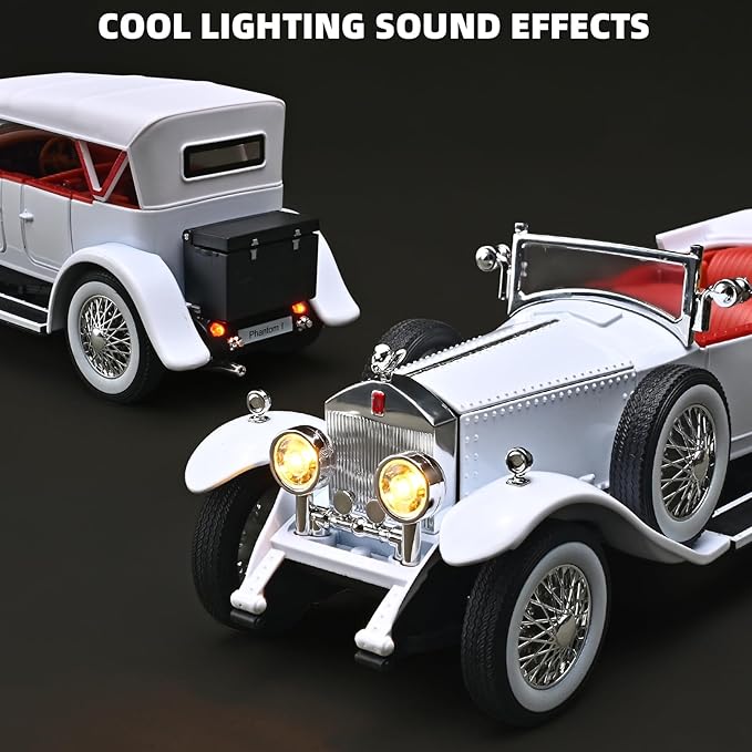 Model Car Kits Adults and Boys 1/24 Diecast Cars Phantom Generation Vintage Car Collectibles,Die Cast Metal Pull Back Cars with Lights and Sounds,Toy Cars for Boys Age 3-12（White）