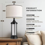 25'' Table Lamps for Bedroom Living Room Lamps Set of 2 Farmhouse Nightstand Bedside Lamps with USB Ports, Built-In Frosted Glass Night Light Industrial Metal Night Stand Lamp, Bulbs Included, Black