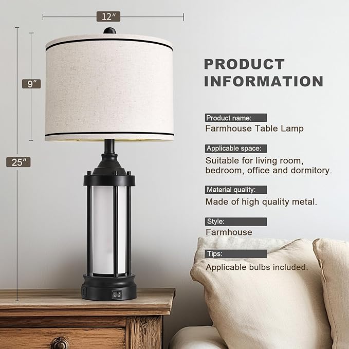 25'' Table Lamps for Bedroom Living Room Lamps Set of 2 Farmhouse Nightstand Bedside Lamps with USB Ports, Built-In Frosted Glass Night Light Industrial Metal Night Stand Lamp, Bulbs Included, Black