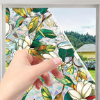 Window Film, Stained Glass Window Privacy Film, Rainbow White Flowers Double Sided Non-Adhesive Window Cling Stickers for Home Office Living Room Glass Windows Door Decor 16.93 x 39.37 Inch