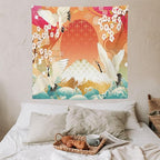 HZOHNAGO Japanese Tapestry Cherry Blossom Crane Sea Wave Fuji Mountain Red Sun Pattern Printed Wall Tapestry Painting Wall Hanging for Bedroom Living Room Dorm 60" W x 60" H
