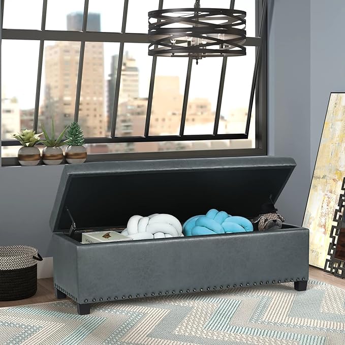 Joveco 47 Inch Storage Ottoman Bench,Tufted Fabric Storage Bench with Nailhead Trim for Bedroom (47”,Gray)