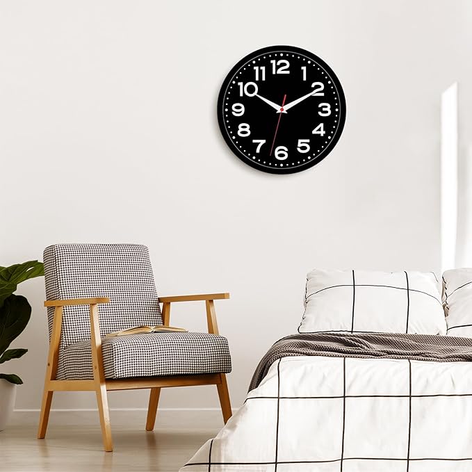 Wall Clock Silent Non-Ticking Modern Clock Battery Operated 8 Inch Small Classic Analog Decorative for Kitchen, Living Room, Office, Bedroom, Bathroom (Black Black)