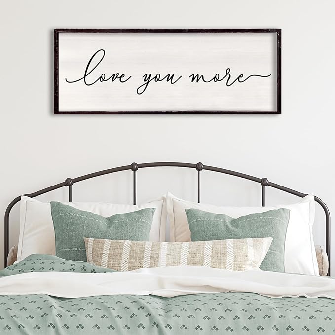 Love You More Above Bed Wall Decor Sign 32"×12" for Master Bedroom Over Bed Large Simple Wood Framed Hanging Wall Art (Black)