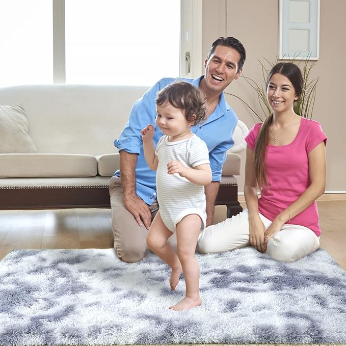 Fluffy Area Rugs for Bedroom 4x6：Grey Plush Area Rug 4x6 - Indoor Modern Shaggy Soft Carpet for Living Room Bedroom Kids Room Nursery (Tie-Dyed Light Gray, 4x6 Feet)