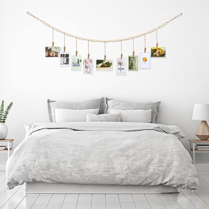 Wall Hanging Photo Display with Wooden Beads Garland 4 Feet Boho Collage Picture Frame DIY Picture Photo Frame Set with 9 Wood Clips for Rustic Country Home, Office Nursery Room Decoration(4 Pieces)