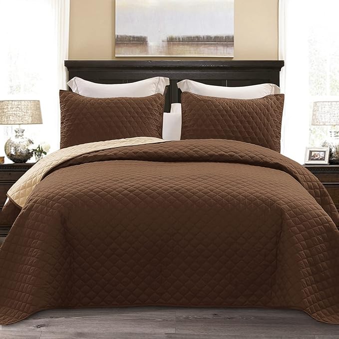 Exclusivo Mezcla Reversible Twin Quilt Bedding Set with Pillow Sham, Lightweight Quilts Twin Size, Soft Bedspreads Bed Coverlets for All Seasons - (Chocolate Brown, 68"x88")