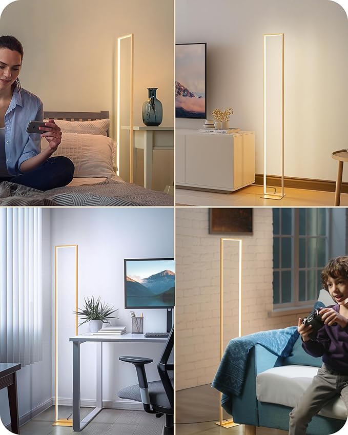EDISHINE LED Floor Lamp, 55" Modern Minimalist Rectangular Corner Light 3000K-6000K Dimmable, Remote Control & Foot Switch, Metal Base Standing Lamps for Living Room, Bedroom, Office, Gold