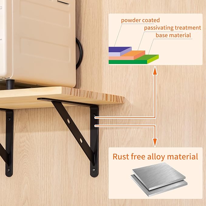 12 Pack 8" x 6" Heavy Duty Aluminum Alloy Shelf Brackets, Max Load 360 lbs, Black, Wall Mount