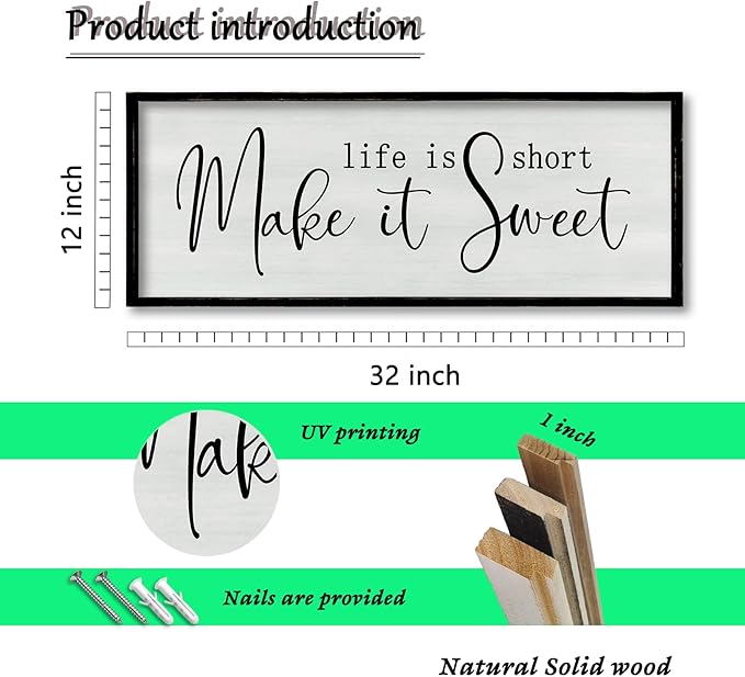 ZZJJHYWGQ Life is Short Make It Sweet Sign Wall Decor 32"×12" for Living Room Bedroom Family Lnspirational Quote Wall Art (Black)