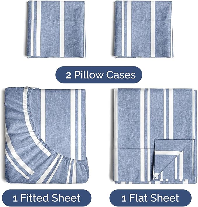 Twin XL Sheets Set 4 Piece - Includes 2 Pillowcases - Bed Sheets Twin XL - Soft Hotel Luxury Bedding - Cooling, Comfy & Breathable - 1 Flat & 1 Fitted & 2 Pillowcases w/ Deep Pockets - Blue Stripes