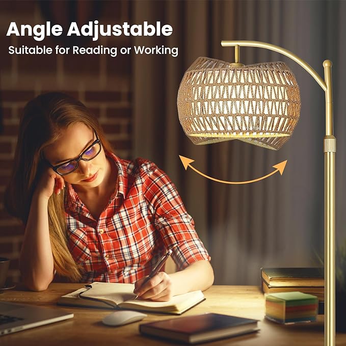 Arc Floor Lamp for Living Room,Farmhouse Floor Lamps with Remote Control & Dimmable Bulb,Gold Boho Rattan Tall Standing Lamp for Bedroom Office