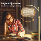Arc Floor Lamp for Living Room,Farmhouse Floor Lamps with Remote Control & Dimmable Bulb,Gold Boho Rattan Tall Standing Lamp for Bedroom Office