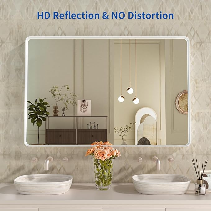 WEER White Bathroom Mirror 48X36 Inch, Rounded Rectangle White Metal Frame Mirror, Matte White Bathroom Vanity Mirror with Tempered Glass, Anti-Rust, Hangs Horizontally or Vertically