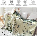 Snycler Boho Throw Blanket for Bed - 100% Cotton Ultra Soft Rustic Quilt Blanket Green Floral Bird Printed Farmhouse Decor Bed Blankets, 80"×90" All Season Rustic Throw for Sofa Chair Couch
