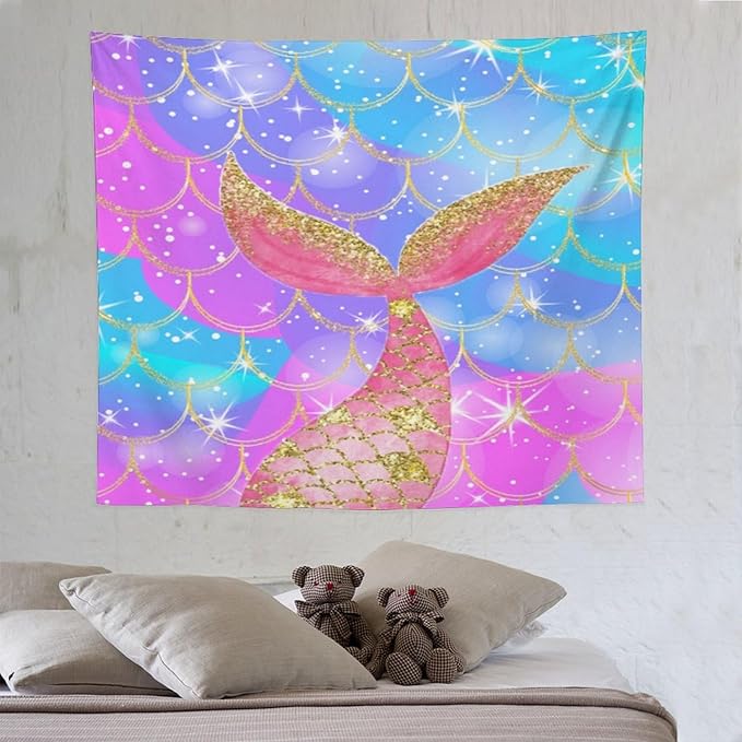 HZOHNAGO Mermaid Scales Tapestry Colorful Shiny Scales Mermaid Tail Pattern Printed Wall Tapestry Wall Hanging for Bedroom Living Room Dorm 60" W x 50" H