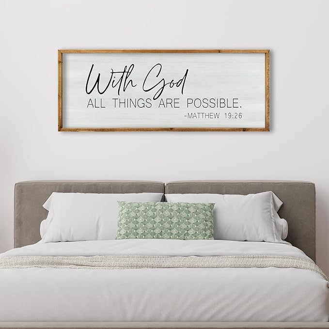 ZZJJHYWGQ Bible Verse Wall Decor With God All Things Are Possible 32"×12" Christian Religious Home Inspirational Print Catholic Sign for Living Room Religious Faith Large Hanging Art (Wood)