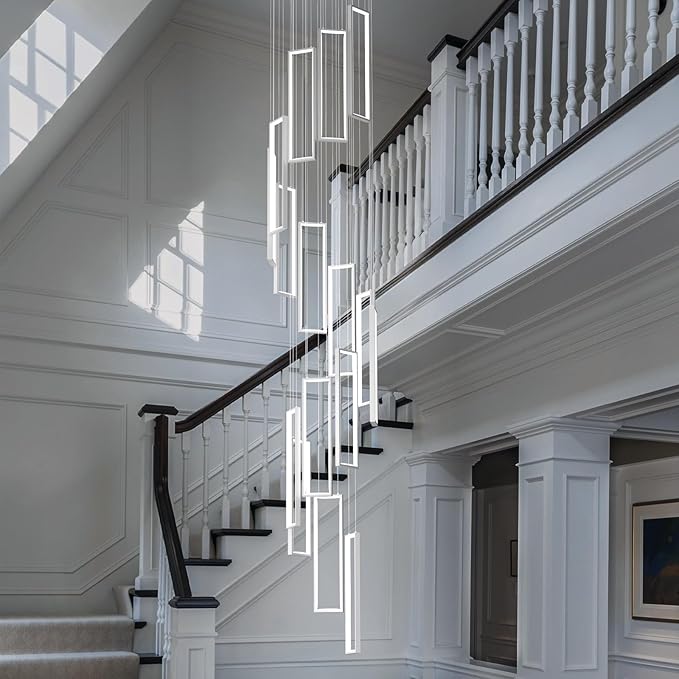 Modern Adjustable Height Pendant Light Fixture White 288W LED Pendant Lights 16 Rings Rectangular Chandelier Staircase Large Chandelier Lobby Living Room Foyer High Ceiling Chandeliers