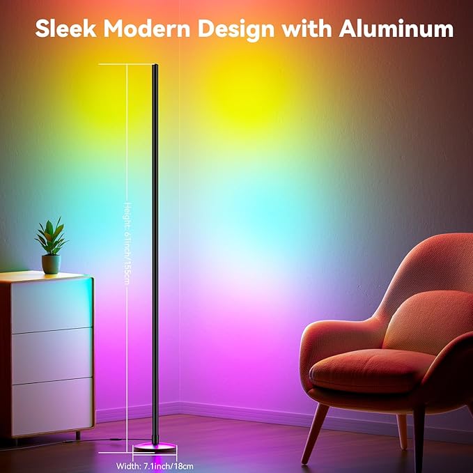 Modern Floor Lamp, Smart RGB LED Floor Lamp with App & Remote Control, 16 Million Colors & 200+ Scene Modes, Corner Lamp with Timer and Music Sync, Standing lamp for Bedroom Home Decor