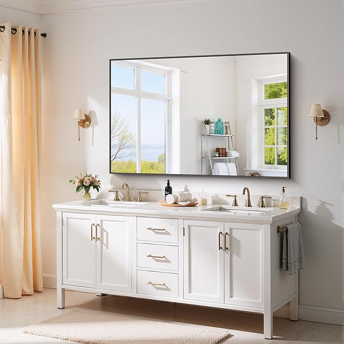 YIROMAN Bathroom Mirror 55"x36", Large Matte Black Bathroom Mirror for Over Sink with Aluminum Frame, Rectangular Vanity Mirror with Right Angle, Wall Mirror Hangs Horizontal or Vertical, Shatterproof
