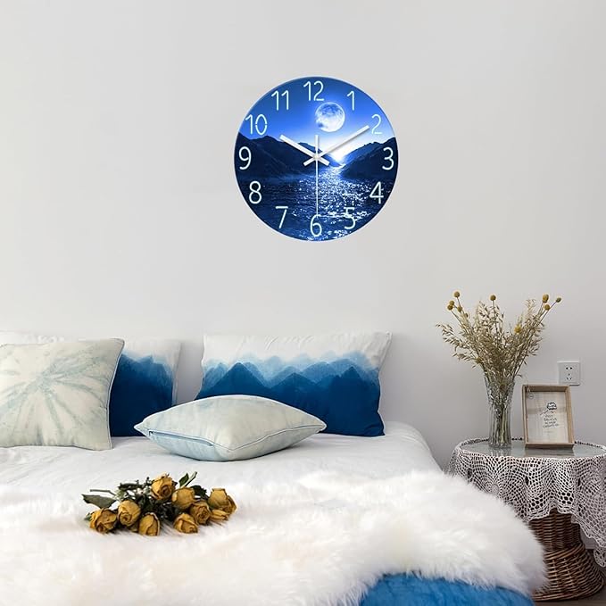 XFM Blue Moon Wall Clock Battery Operated 12 Inch Modern Silent Non Ticking Clock Decorative Wall Clocks for Kitchen Living Room Bedroom