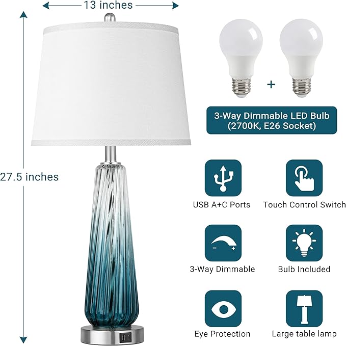 Table Lamps Set of 2 with Touch Control, Modern Glass Bedside Lamps with USB A+C Ports, 3-Way Dimmable Nightstand Lamp with White Fabric Shade, 27.5" Large Lamps for Living Room Bedrooms Decorations