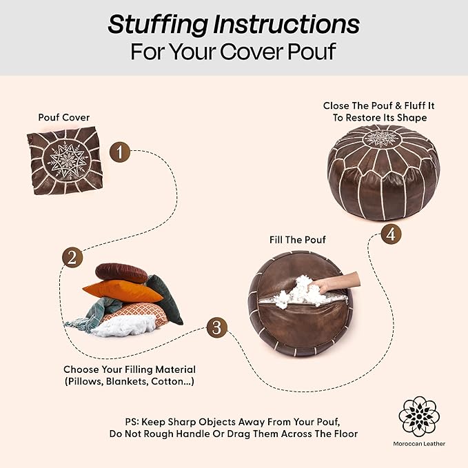 Handmade Moroccan Genuine Leather Pouf Ottoman Cover – Unstuffed Foot Stool Ottoman, Boho Foot Rest Under Desk, Round Ottoman for Living Room, Bedroom - Housewarming Gifts New Home, Weddings Gifts