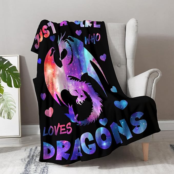 Dragon Blanket Gifts for Girl Woman - Just A Girl Who Loves Dragons Cute Animal Lovers Throw for Teen Kids Adults Soft Fleece Cozy Bed Couch Decor Birthday Christmas Lightweight Blanket 50"x60"