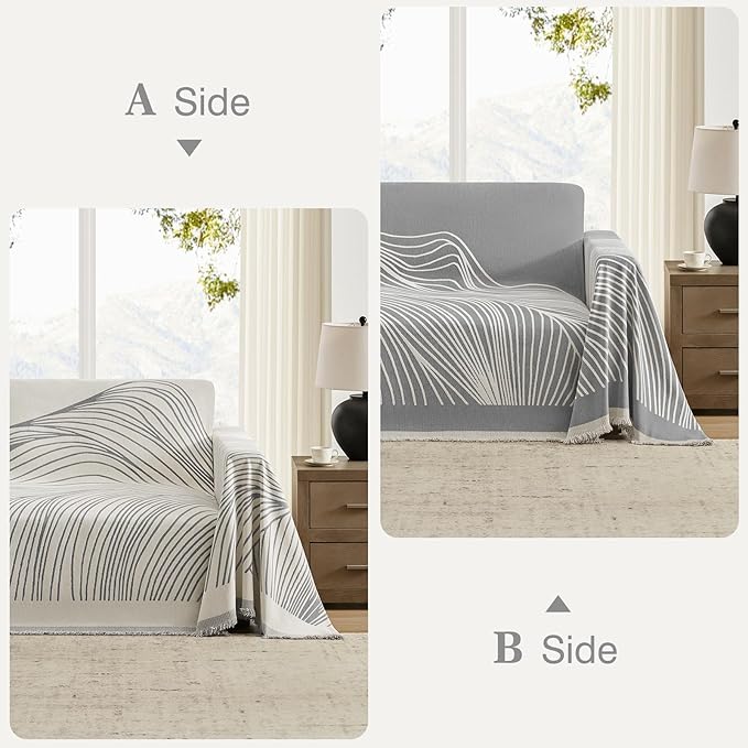 Boho Couch Cover Washable Sectional Couch Covers for Dogs Reversible Sofa Slipcover for 2 or 3 Cushion Couch Pet Friendly Furniture Protector (1# Grey, 91" x 118")