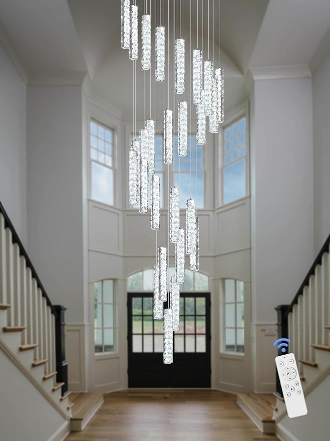 Large Staircase Chandeliers 130inches Long Spiral Crystal Chandeliers for High Ceilings Foyer Entrance 25-Lights Silver LED Dimmable 3000-6000K