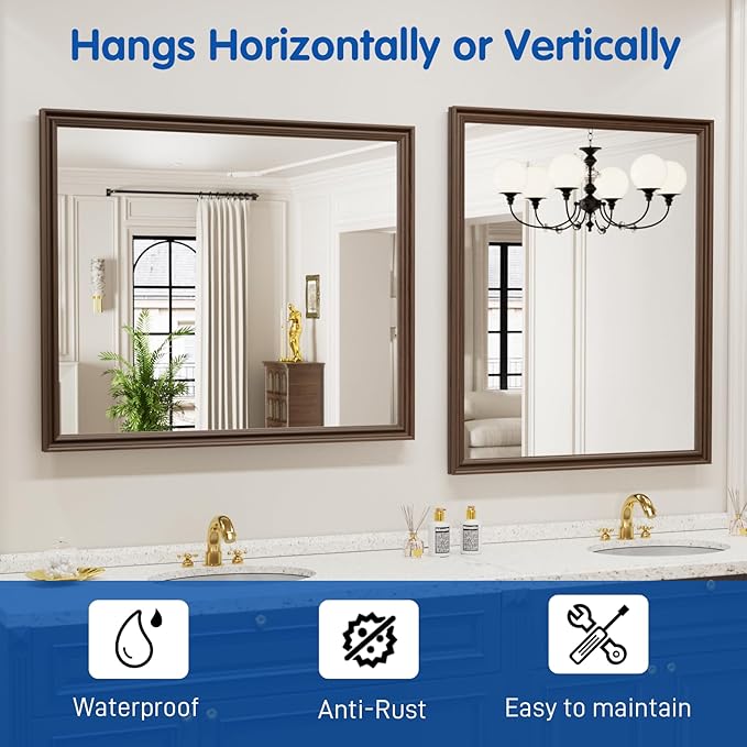 WEER Retro Copper Bathroom Mirror, 36x30 Inch Bronze Oil Rubbed Framed Mirror, Rectangle Classic Vintage Framed Wall Mirror, Farmhouse Vanity Mirror, Tempered Glass, Vertically or Horizontally