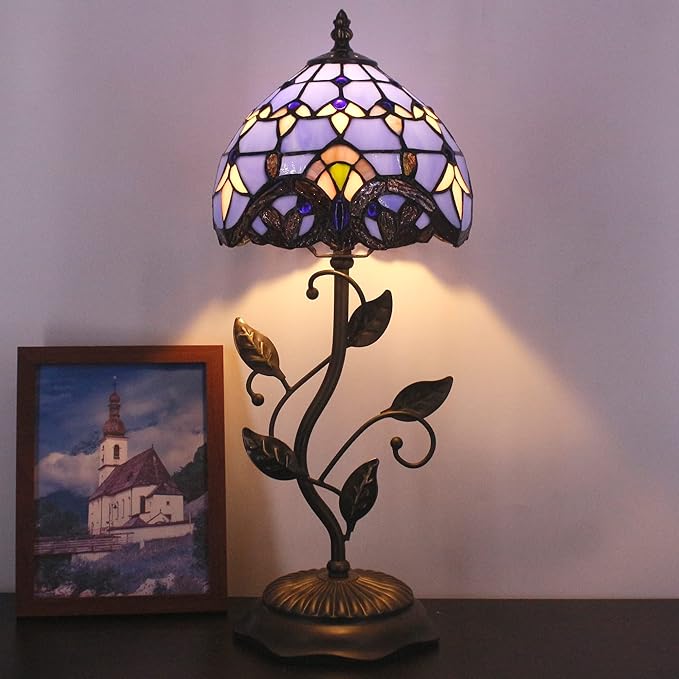 Small Tiffany Lamp Stained Glass Table Lamp Metal Leaf Accent Desk Memory Lamp Sympathy 8X20 Inch (Blue Baroque Style)