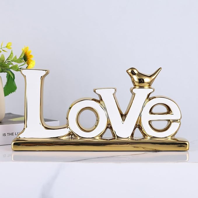 Love Sign Decoration - White & Gold Modern Bird Sculpture Statue, Personalized Love Decor for Living Room, Bedroom, Desktop