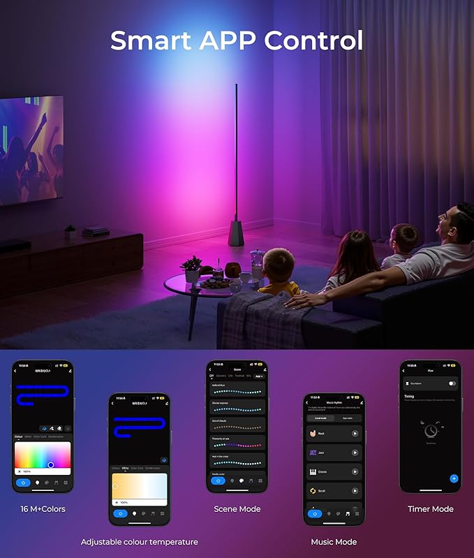 Corner Floor Lamp with RGB, Smart LED Light for Bedroom, 16 Million Colors, Music Sync, APP & Voice Control, 2700-6500K, Alexa & Google Compatible, Modern Lamp for Living Room, Gaming