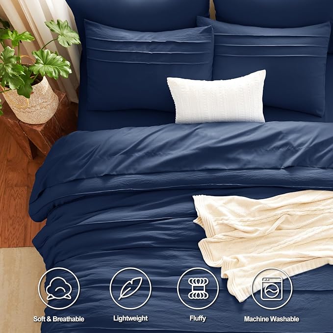 CozyLux Queen Comforter Set Navy Blue, 7 Pieces Soft Pinch Pleat Bed in a Bag Queen Comforter Set with Sheets, Boho Bed Set with Down Alternative Comforter, Sheets, Pillowcases & Shams