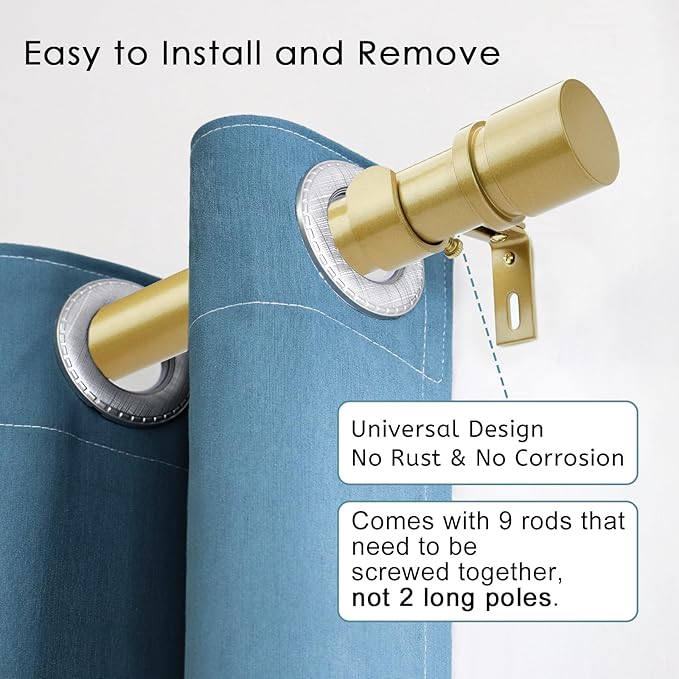 Curtain Rods for Windows 16 to 144 Inches Adjustable Length 1 Inch Diameter Window Curtain Rod with Aluminium Finials, Flash Gold