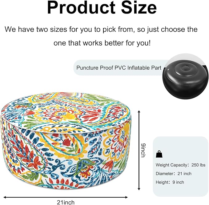 Inflatable Ottoman Stool D21 xH9 for Outdoor/Indoor Use, Water Repellent Patio Foot Rest Stool with Portable Handle,Round Pouf Ottoman Suitable for Garden,Deck and Camping - Paisley Multi