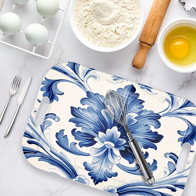 Serving Trays with Handles, 14.5 x 9.8 inch Rectangular Plastic Tray for Restaurant, Kitchen, Blue and White Pattern
