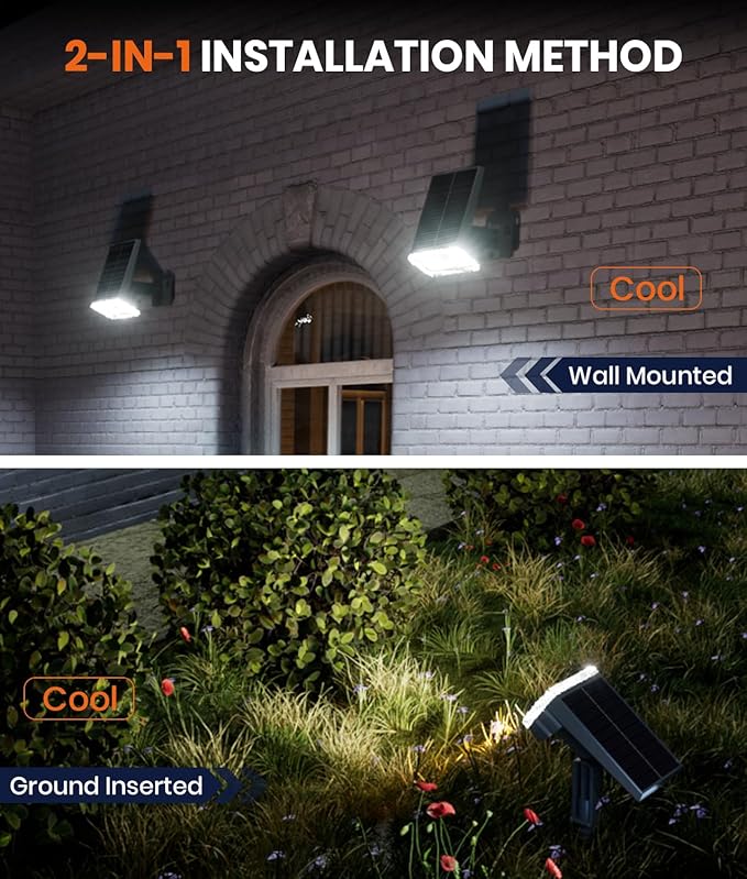Solar Powered Spotlights Outdoor 1 Pack,IP67 Waterproof Wall&Ground Solar Lights Outside,3 Colors+3 Modes,Dusk to Dawn Flood Lights for Driveway/Garden/Pathway/Tree/Patio/Yard Decor Landscape Lighting