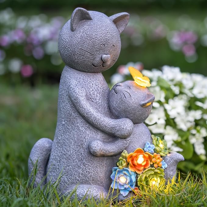 Solar Garden Statues Loving Cat Figurine Lights for Outside, Yard Decorations Outdoor, Garden Decor Unique Mothers Day Birthday Housewarming Gifts for Mom, Women