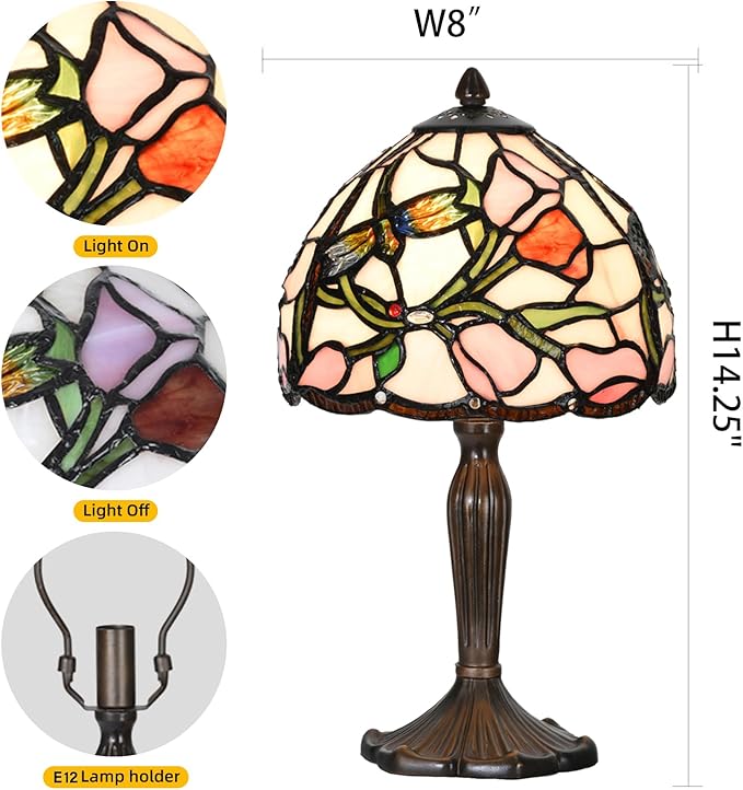TL0009 Tiffany Lamp Tulip Design Stained Glass Table Lamp 8" D x 14.25" H for Living Room Bedroom Bedside Nightstand Home Office, lED Bulb Included (Tulip)