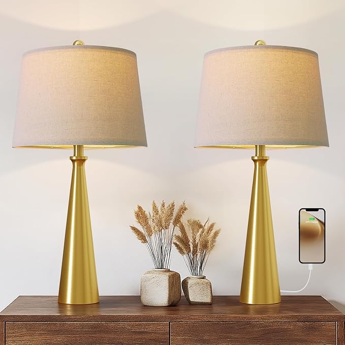 Oneach 25.75" Modern Table Lamp Set of 2, Bedside Lamps with USB Ports, Brass Gold Nightstand Lamps Set for Living Room Bedroom House Bedside Home Office Family
