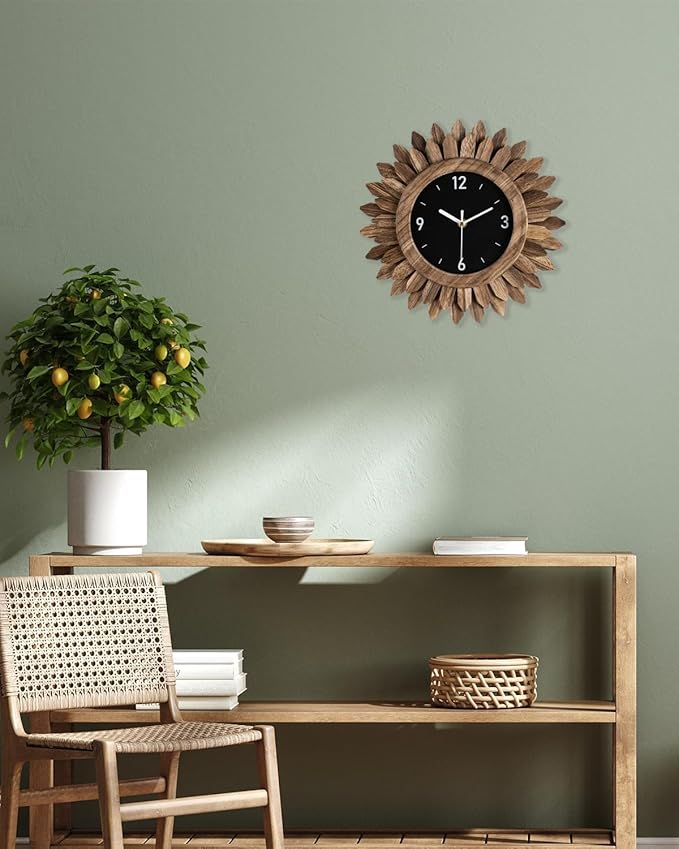 Honiway Wall Clock Battery Operated 12 in Rustic Wood Boho Sunburst Decorative Wall Clock Silent Non Ticking Farmhouse Small Wall Clocks for Living Room Kitchen Bathroom Bedroom Decor (Rustic Brown)