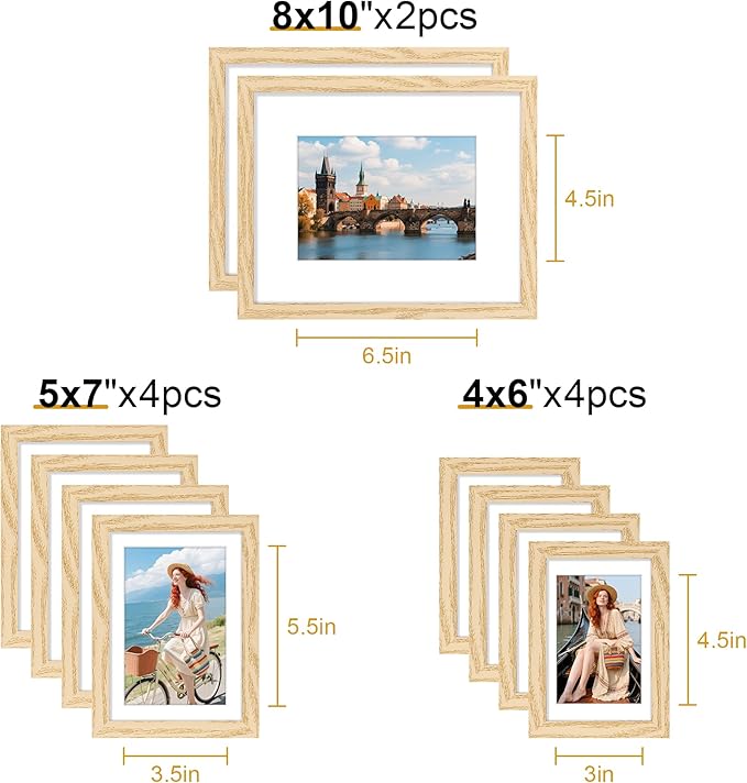 decorUhome Picture Frames Collage Wall Decor for Photo Gallery Display, Assorted Picture Frames set of 10 Including Two 8x10 / Four 5x7 / Four 4x6 for Family Wall Decor, Natural, 10 Pack