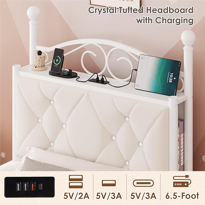 Keyluv Twin Upholstered Canopy Bed Frame with Drawer & Crystal Tufted Storage Headboard Metal Platform Bed with Charging Station & 4 Removable Posts No Box Spring Needed Curtain Not Included, Beige