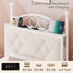 Keyluv Twin Upholstered Canopy Bed Frame with Drawer & Crystal Tufted Storage Headboard Metal Platform Bed with Charging Station & 4 Removable Posts No Box Spring Needed Curtain Not Included, Beige