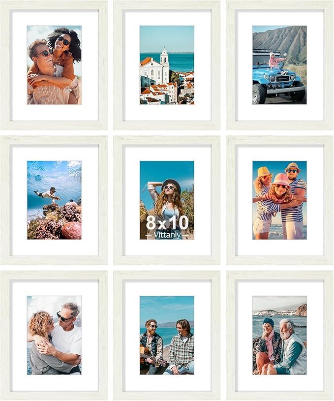 Vittanly 8x10 Picture Frames Set of 9, Shatter Resistant Plexiglass, Display 5x7 Pictures with Mat or 8x10 without Mat, Photo Frames for Wall or Tabletop, Engineered Wood, Whitemist