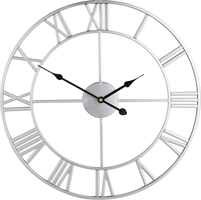 LEIKE 16" Modern Large Wall Clocks,Vintage, Round,Silent Non Ticking,Battery Operated,Silver Metal Roman Numerals Clock for Living Room/Bedroom/Kitchen Decor