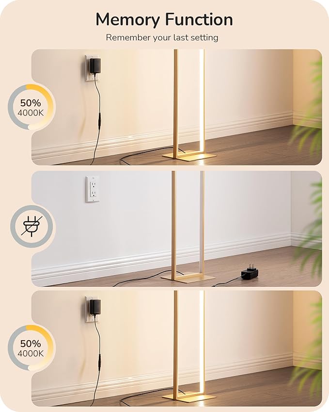 EDISHINE LED Floor Lamp, 55" Modern Minimalist Rectangular Corner Light 3000K-6000K Dimmable, Remote Control & Foot Switch, Metal Base Standing Lamps for Living Room, Bedroom, Office, Gold