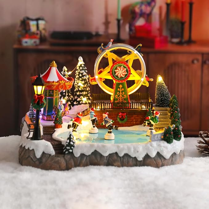 Christmas Village House Musical Christmas Collectible Buildings Amusement Park Carousel Skating Ferris Wheel with LED Lights Vacation Village with USB Indoor Figurines Xmas Decoration